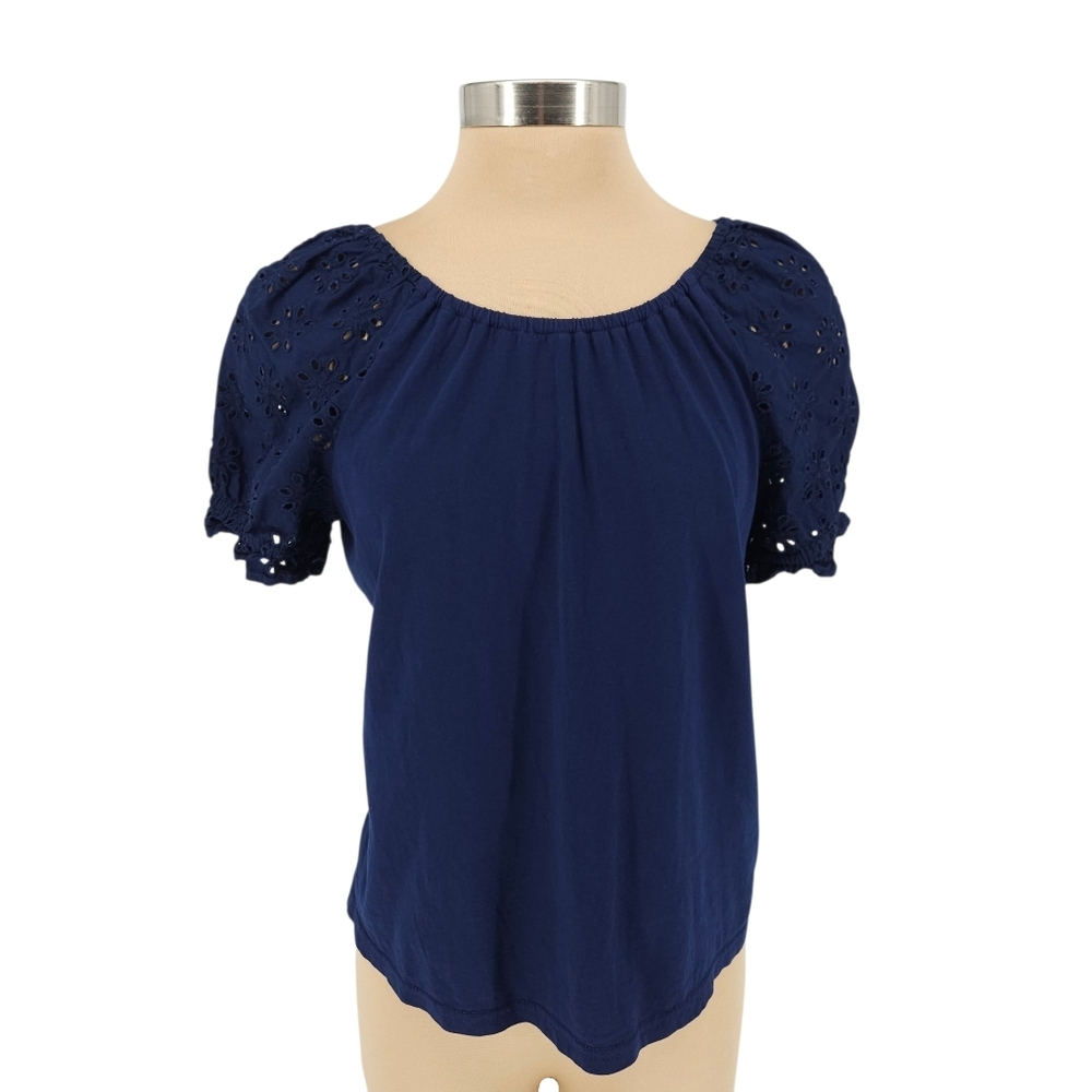 J.CREW Shirt Navy Blue Embroidered Eyelet Short Sleeve Keyhole Tie Back Top